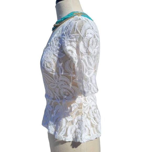 Eyeshadow Lace Floral Top 1/4 Sleeve Boat Neck White Womans X Small - Picture 3 of 8